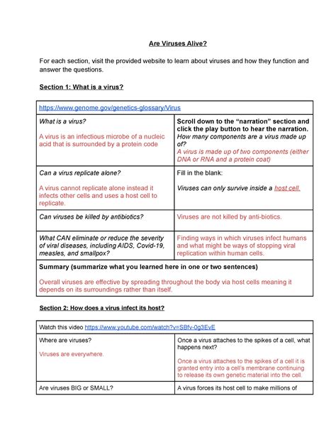 Viruses Arethey Alive 1 Worksheet Are Viruses Alive For Each Section