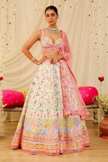 Buy White Dupion Silk Embroidery Mirror Sweetheart Neck Bridal Lehenga