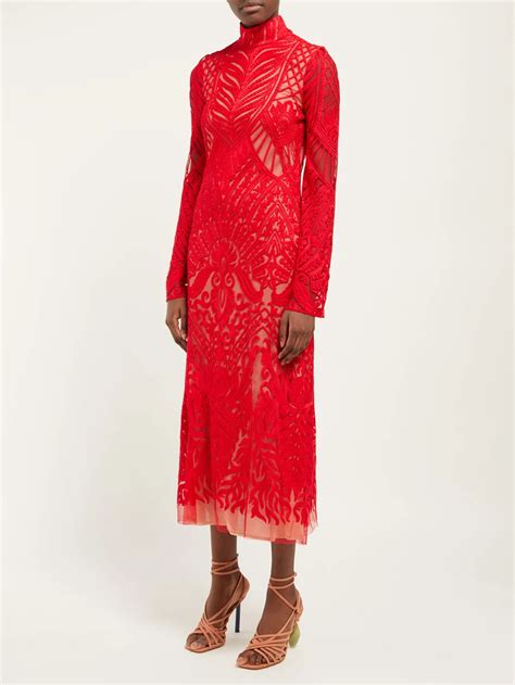 Red Oasis High Neck Embroidered Lace Dress Galvan Matchesfashion Us