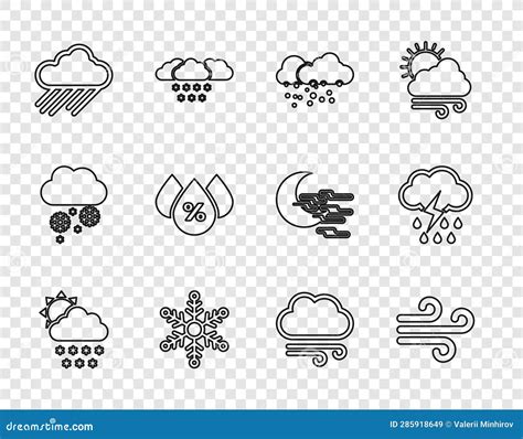 Set Line Cloud With Snow And Sun Wind Snowflake Rain Water Drop