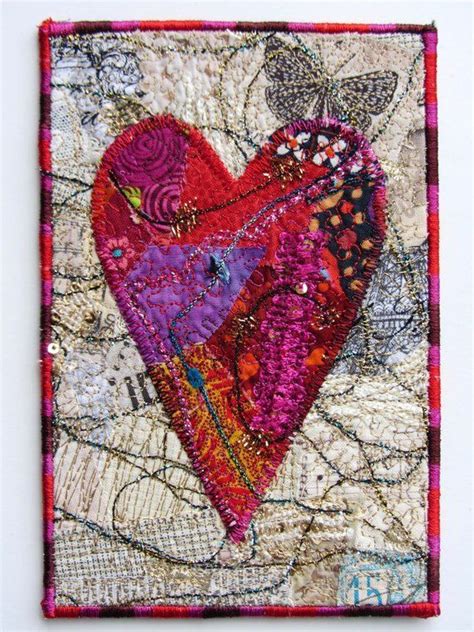 Textile Collage Red Heart Quilted Valentine Postcard Fabric Etsy