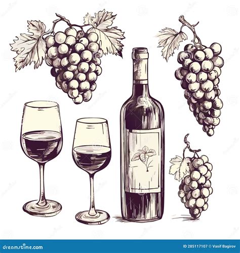 Vector Hand Drawn Wine Elements Including Wine Glass Bottle Wine Cork