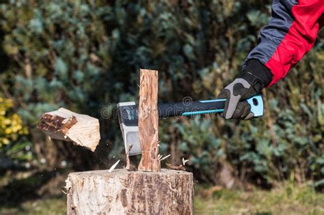 Corte De Madera Partiendo Hacha Con Tronco De Madera Volador Sobre Un