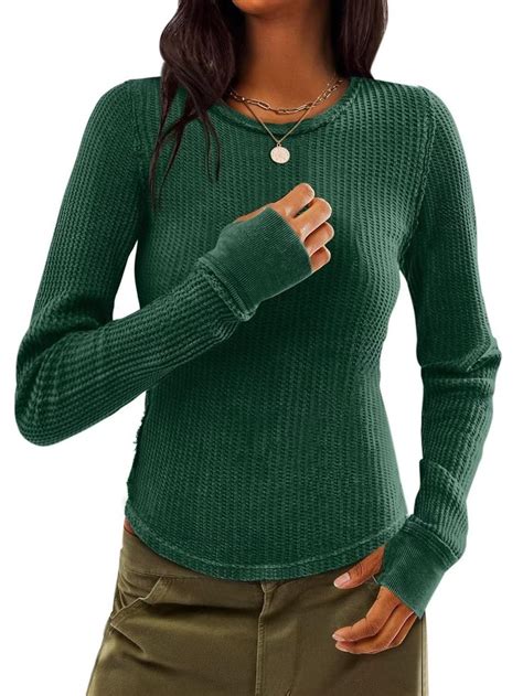 Micticsi Womens Waffle Knit Top Thermal Long Sleeve Shirts Fitted ...