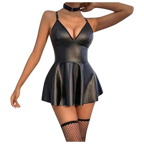 Midwennn Women S Seductive Pu Leather Harness Lingerie Dress Adjustable Straps Leather Skirt For