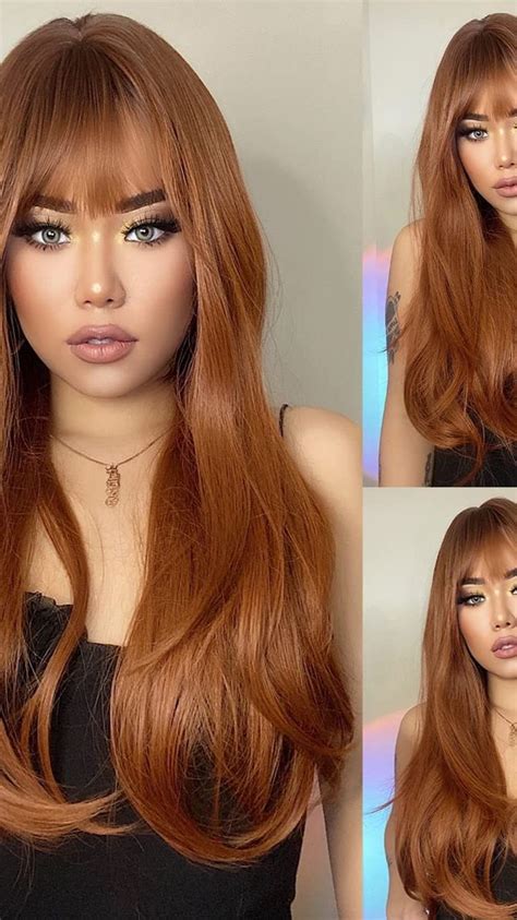 Lanova Ginger Wigs With Bangs Ombre Brown Copper Brown Synthetic Hair Full Wig Natural