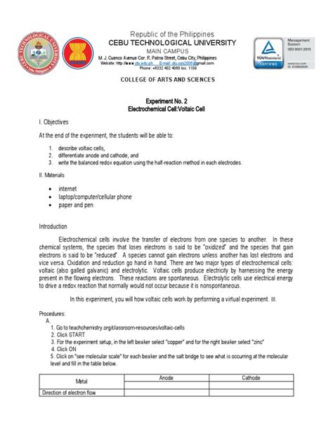 Experiment No. 2 (Electrochemical Cell Voltaic Cell) | PDF
