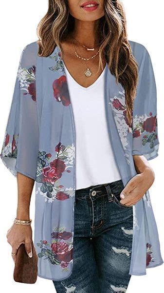 Purple Grey Women S Floral Print Puff Sleeve Kimono Cardigan Loose