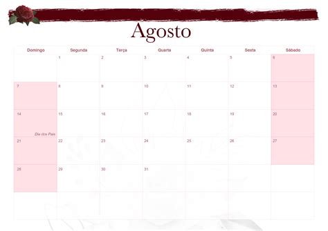 Calendario Mensal Floral Marsala Agosto Fazendo A Nossa Festa