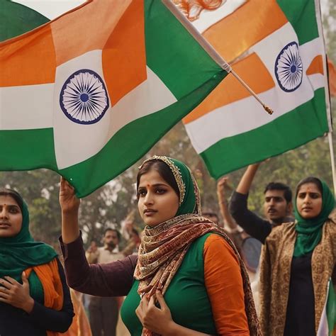 A Group Of People Holding Small Flags Of The India In Their Hands