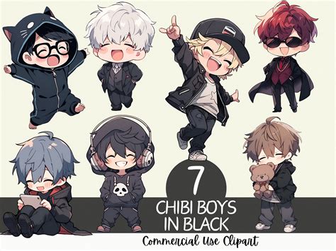 cute anime chibi boys  black clipart pack commercial