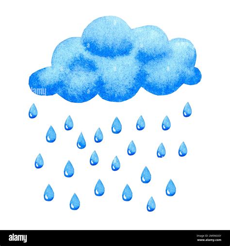 Blue Cloud With Raindrops Hand Drawn Watercolor Illustration Isolated