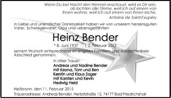 Traueranzeigen Von Heinz Bender Trauerundgedenken De