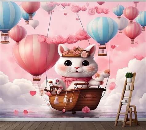 Lindos Dibujos Animados De Gatos En Un Paseo Con Globos Rosas Y Azules