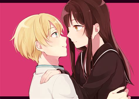 Safebooru Boy Girl Black Hair Blonde Hair Chisumi Couple Eye Contact Green Eyes Hetero