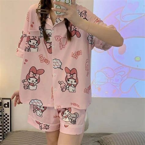 Kawaii Hello Kitty Girl Pink Pajamas Sanrio Kuromi My Melody Summer New Cute Home Service Suit