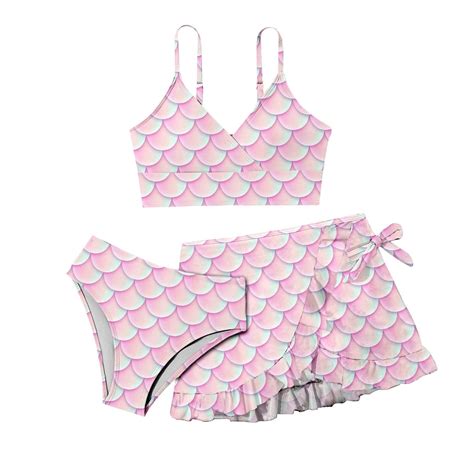 Woyy Tween Girls Bikini Swimsuit Scale Print Swimwear Set And Cover Up Pcs Quick Dry Bathing