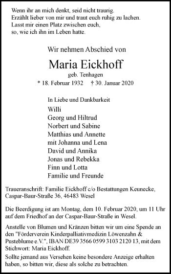 Traueranzeigen Von Maria Eickhoff Trauer In Nrw De