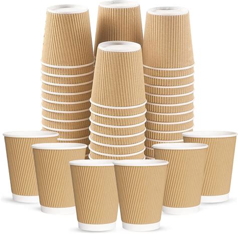 CHEF ROYALE 30x 12oz Disposable Kraft Ripple Paper Hot Coffee Cups With Lids Paper Cups For