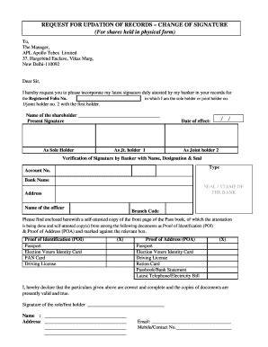 Fillable Online Request For Updation Of Records Change Of Signature Fax