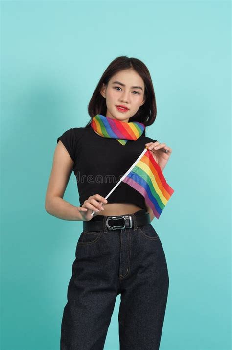LGBTQ Girl And Pride Flag Lesbian Girl And LGBTQ Flag Standing Stock Image Image Of Flag