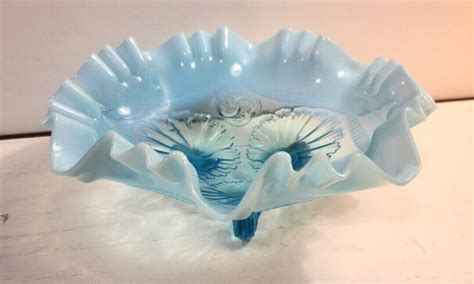 Antique Jefferson Blue Opalescent Glass Ruffles Rings Tri Footed Bowl