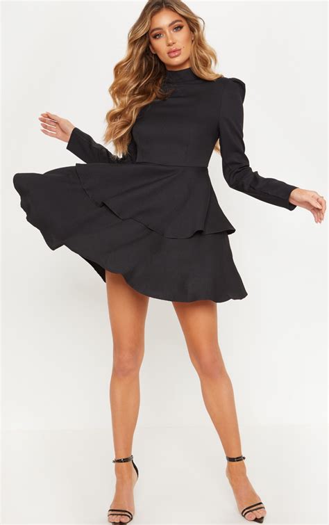 Black High Neck Tiered Skater Dress Dresses Prettylittlething