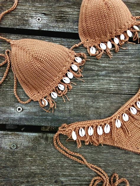 Crochet Bikini Set Tan Bronze With Natural Seashells Etsy