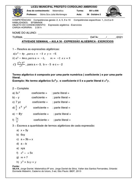 Aula 36 8 Ano Valor Numerico de Uma Expressao Algebrica Exercicios PDF ...