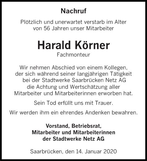 Traueranzeigen Von Harald K Rner Saarbruecker Zeitung Trauer De