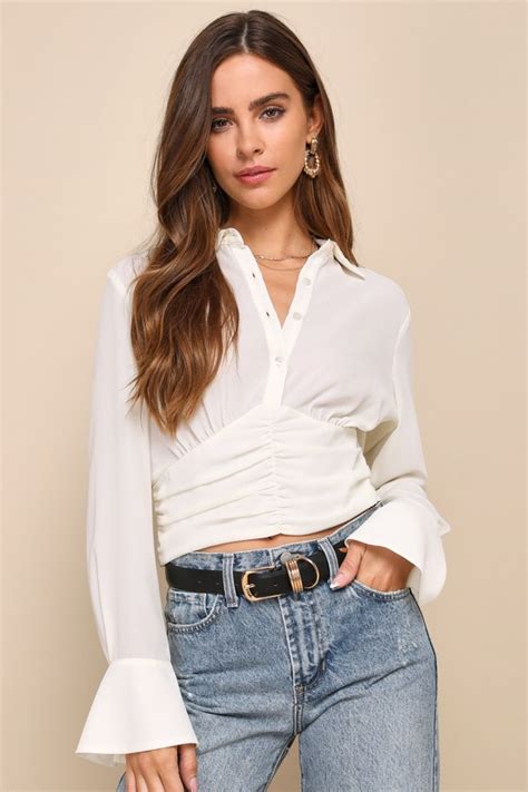 Ivory Button Up Top Long Sleeve Top Collared Button Up Top Lulus