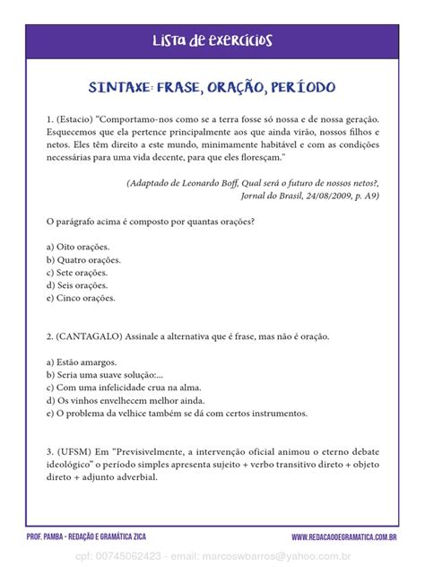 Frase Oração Período Exercícios - Frase, Oração e Período - Lista Extra de Exercícios | PDF