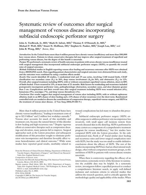 Pdf Systematic Review Of Outcomes After Surgical Management Of Venous