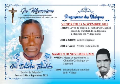 Programme des Obsèques du père de Dr Ori Alexandre CHU de Bouaké