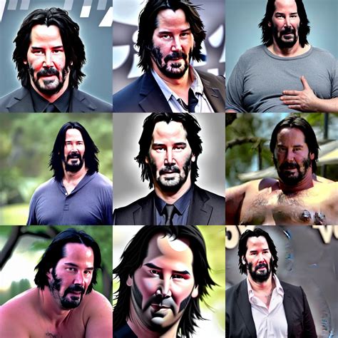 KREA Obese Keanu Reeves Holds His Exposed Belly On Close Up Overcast