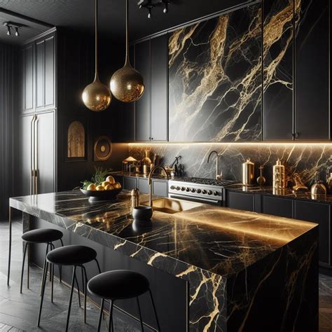 Black and Gold Kitchen Marble Countertops with Gold Veins in 2024 ...