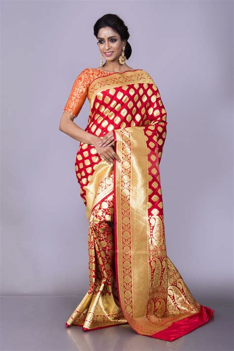 Art Silk Bridal Banarasi Saree In Red And Gold Banarasi Sarees Saree