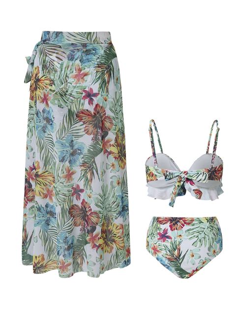 Elegant Geblümt Print Rundhals Bikini Set Set drei St Set de