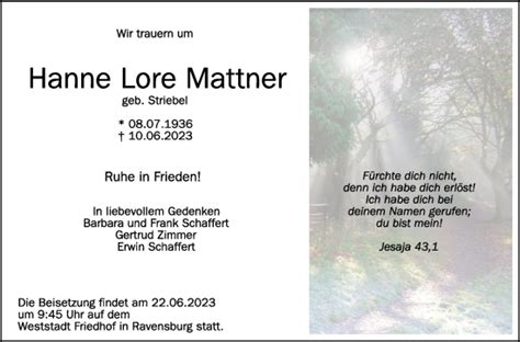 Traueranzeigen Von Hanne Lore Mattner Schwaebische De Trauerportal