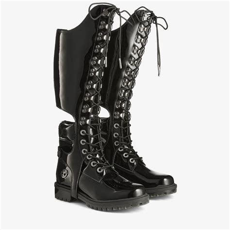 블랙 팀버랜드 페이턴트 니하이 부츠 JIMMY CHOO KR X TIMBERLAND PATENT LEATHER HARNESS