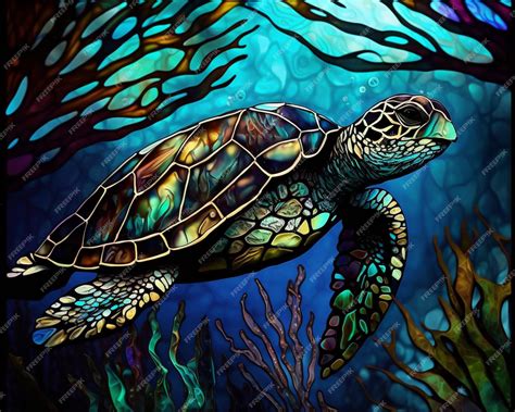 Premium Ai Image Painting Of A Turtle Swimming In A Stained Glass Window With Corals Generative Ai