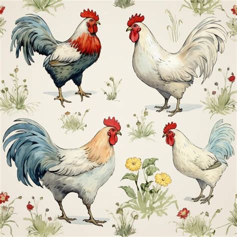 Premium Ai Image There Are Four Roosters Standing In A Field Of