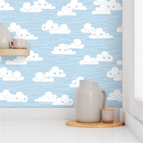 Kawaii clouds on baby blue sky Wallpaper | Spoonflower