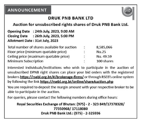 Auction For Unsubscribed Rights Shares Of Druk PNB Bank Ltd Druk PNB