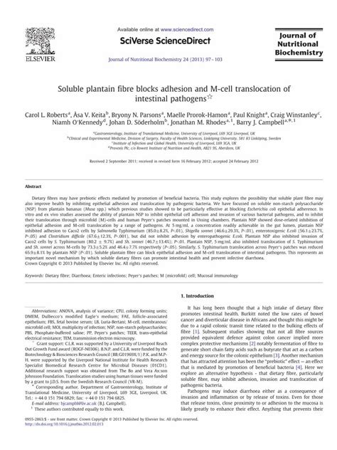 Pdf Soluble Plantain Fibre Blocks Adhesion And M Cell Translocation Of Intestinal Pathogens