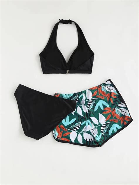 Shein Teen Girls 3pack Leaf Print Halter Bikini Swimsuit With Beach