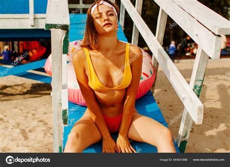 Sensual Pretty Blonde Girl Swimsuit Lying White Sand Beach Stock Photo Yan C Bigmir Net