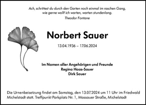 Traueranzeigen Von Norbert Sauer Vrm Trauer De