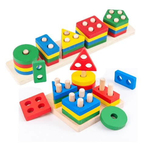 Wooden Block Toy, Baby Wooden Geometric Shapes Sorting Math Toys Set, Educational Building Block ...