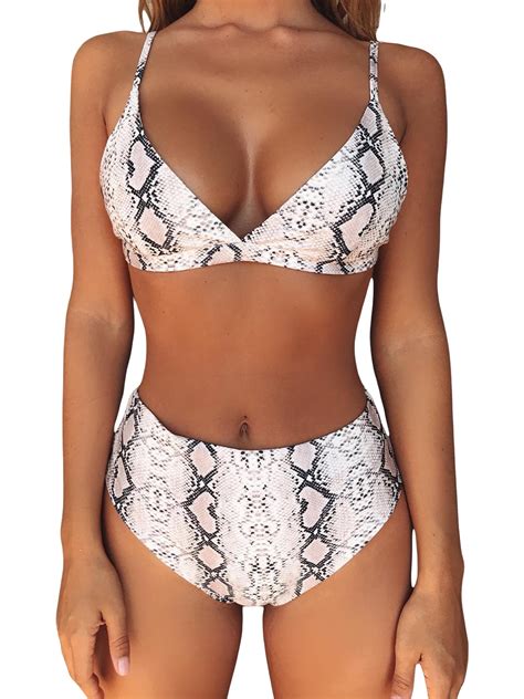 Rdhnmea Women Piece Bikini Set Leopard Print Swimsuit Crocodile Stone Pattern Swimwear Deep V